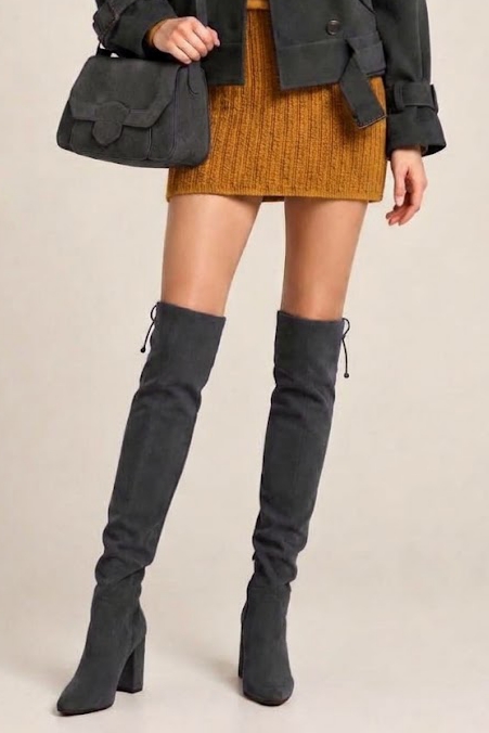 Women's charcoal gray custom-made thigh-high boots with round toe and high block heel - Worn view